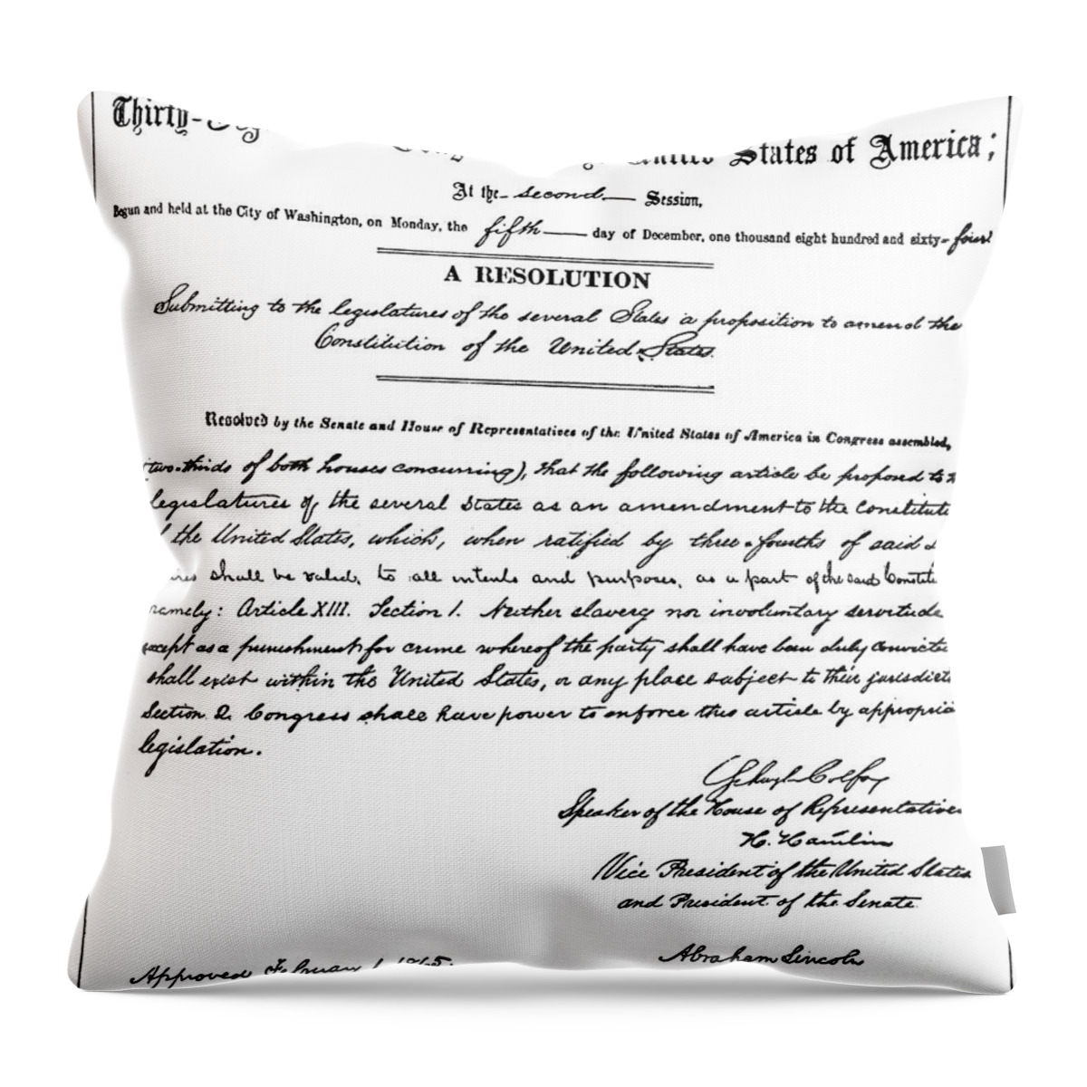 13th Amendment Throw Pillow featuring the drawing 13th AMENDMENT, 1865 by Granger