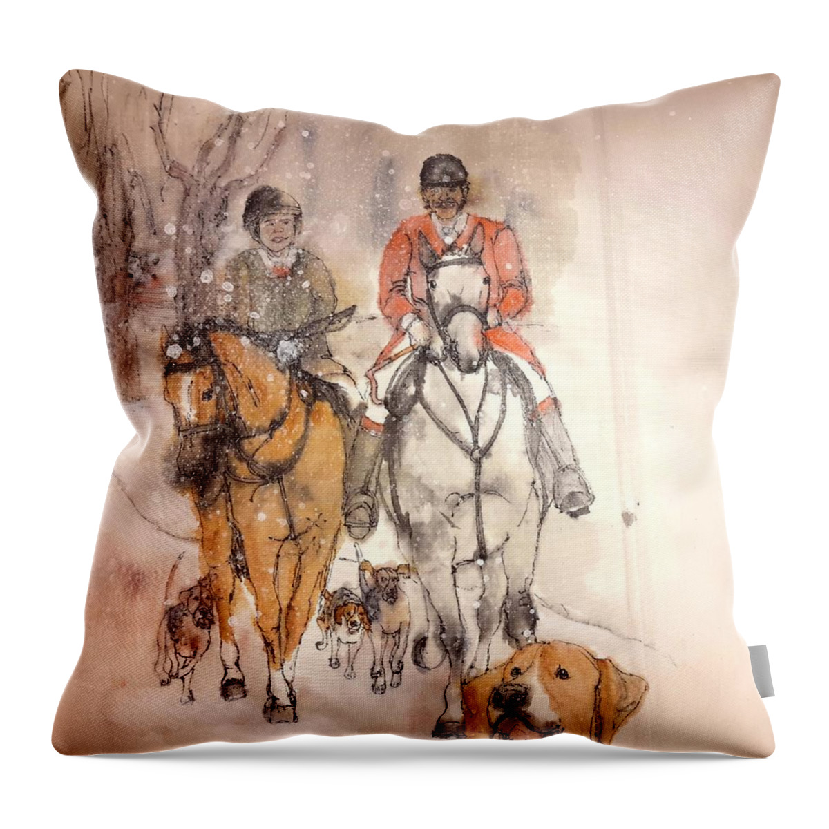 Horses. Riding. Hounds. Foxhunting. Throw Pillow featuring the painting Talley ho album #17 by Debbi Saccomanno Chan