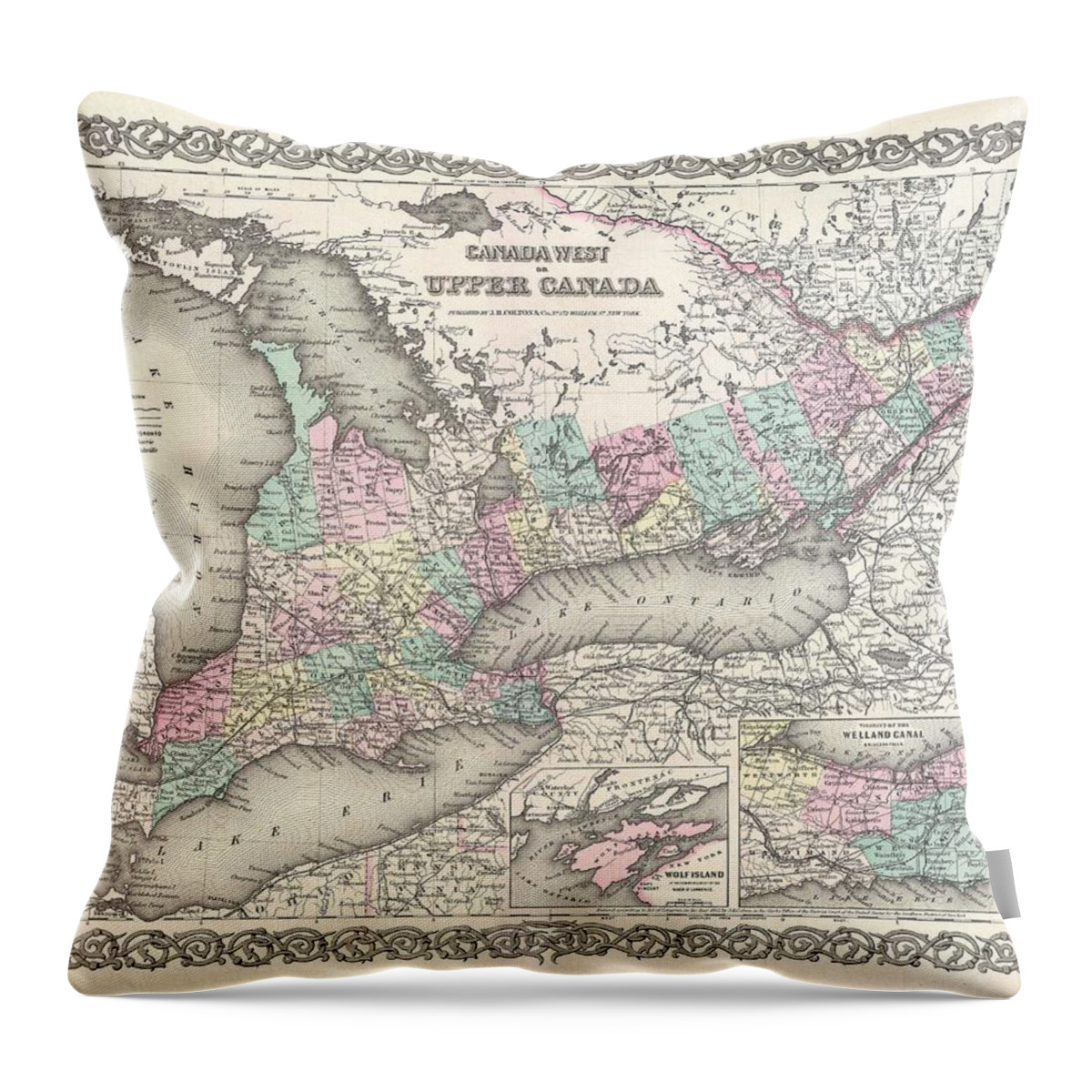 Maps Throw Pillow featuring the painting 1855 Map of Upper Canada or Ontario by Celestial Images