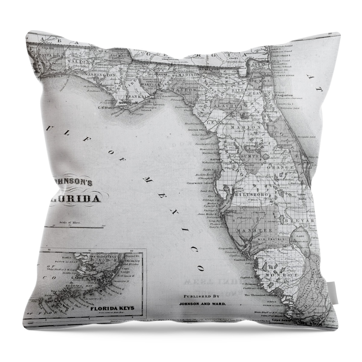 1864 Throw Pillow featuring the photograph 1864 Florida Map Black and White by Toby McGuire