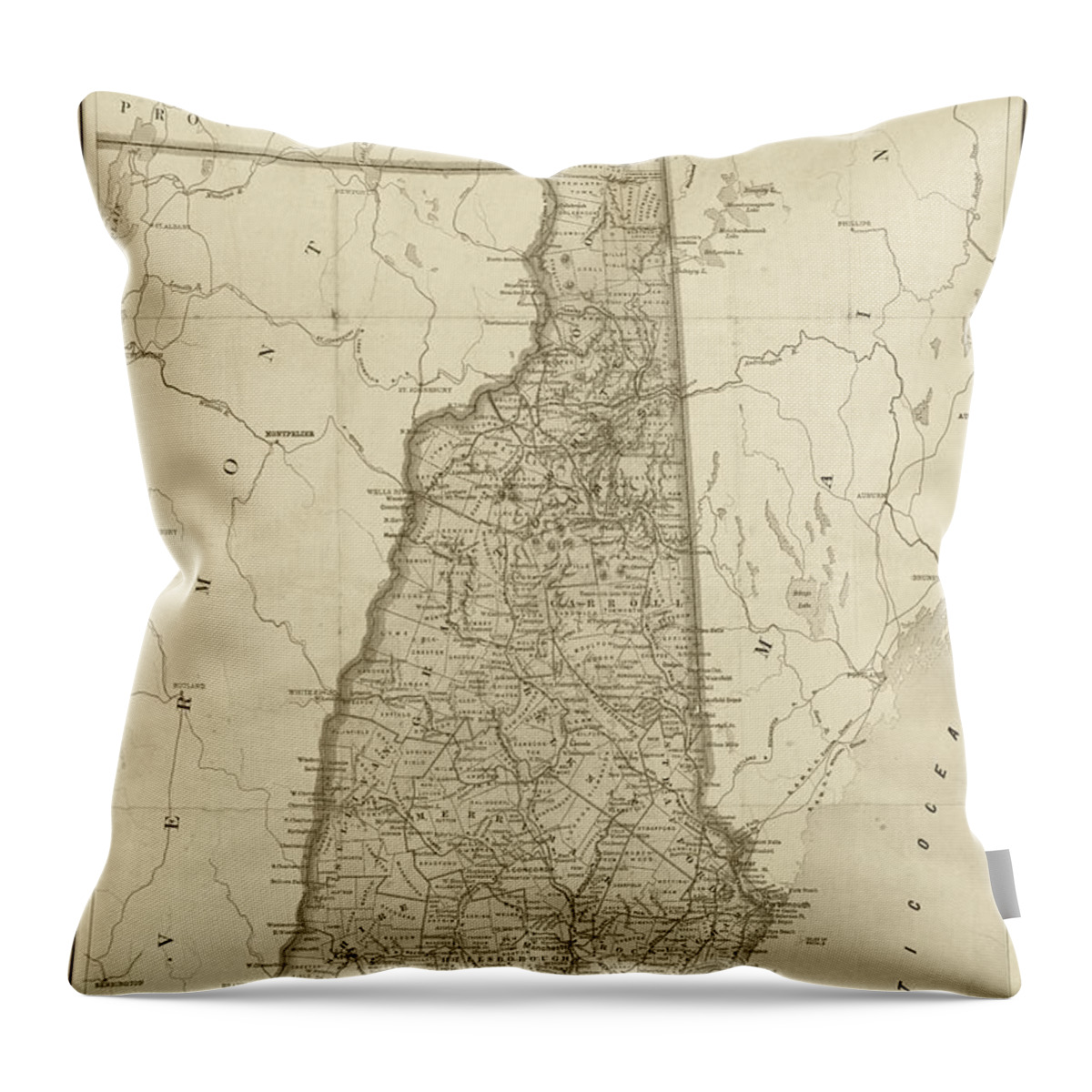 1892 Throw Pillow featuring the digital art 1892 Railroad Commissioners Map NH Sepia by Toby McGuire