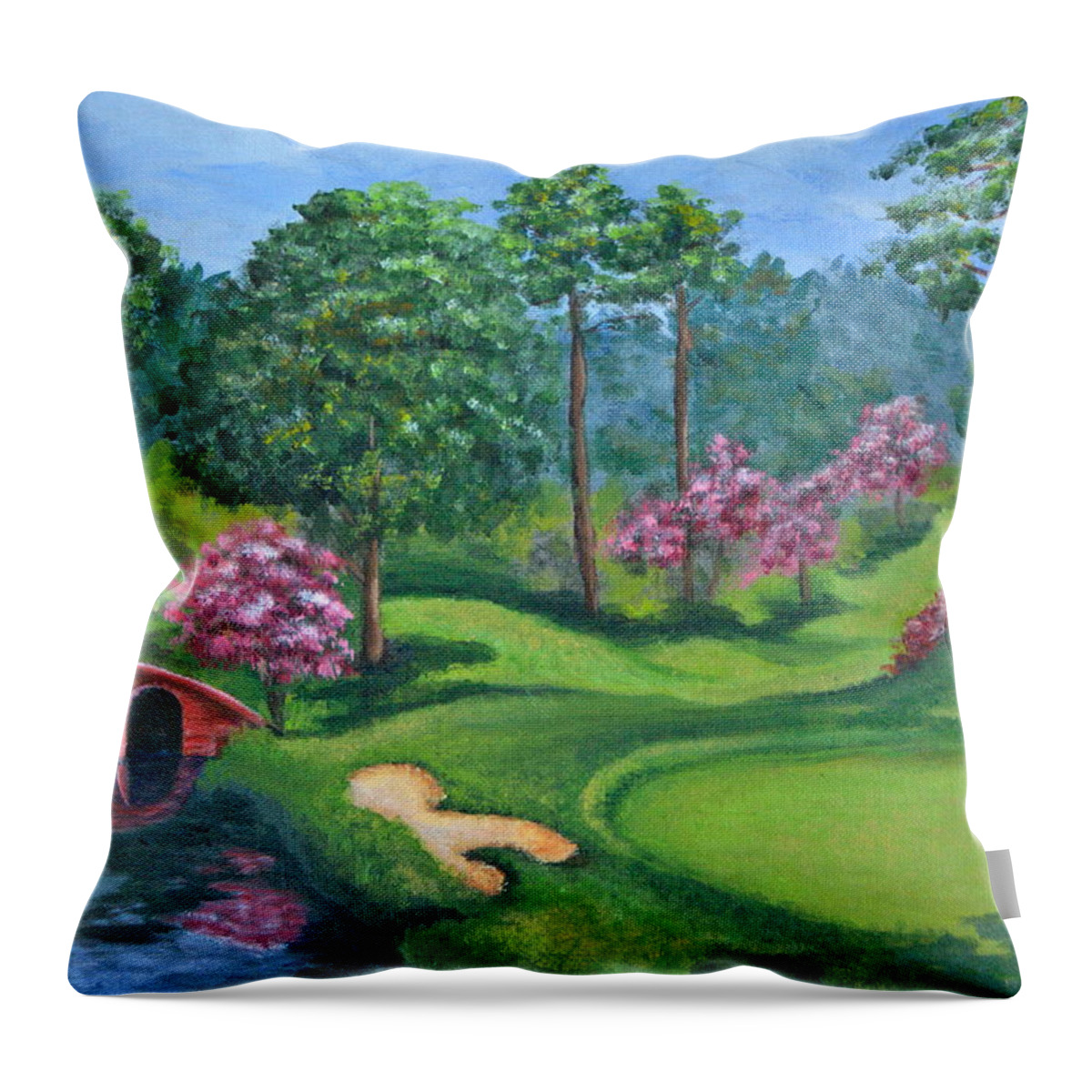 Golf Course Throw Pillow featuring the painting 18th Hole by Theresa Cangelosi