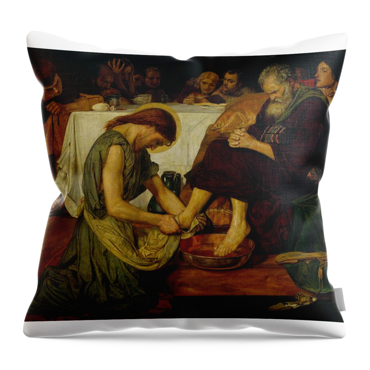 Ford Madox Brown Jesus Washing Peter�s Feet 1852�6 Throw Pillow featuring the painting Washing by MotionAge Designs