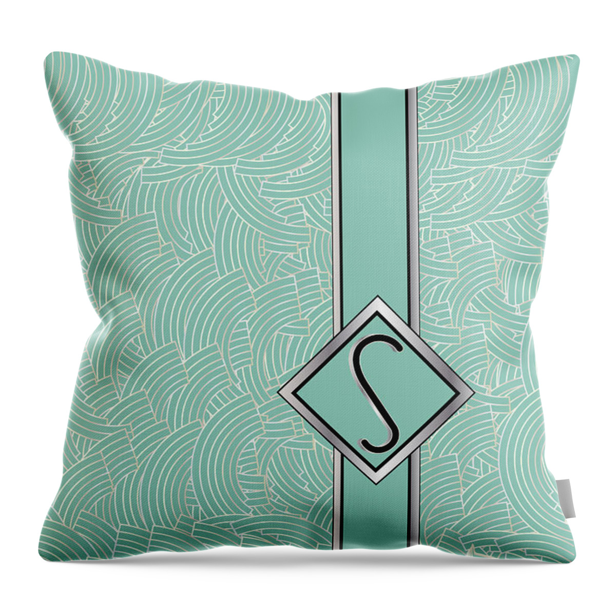 Monogrammed Throw Pillow featuring the digital art 1920s Blue Deco Jazz Swing Monogram ...letter S by Cecely Bloom