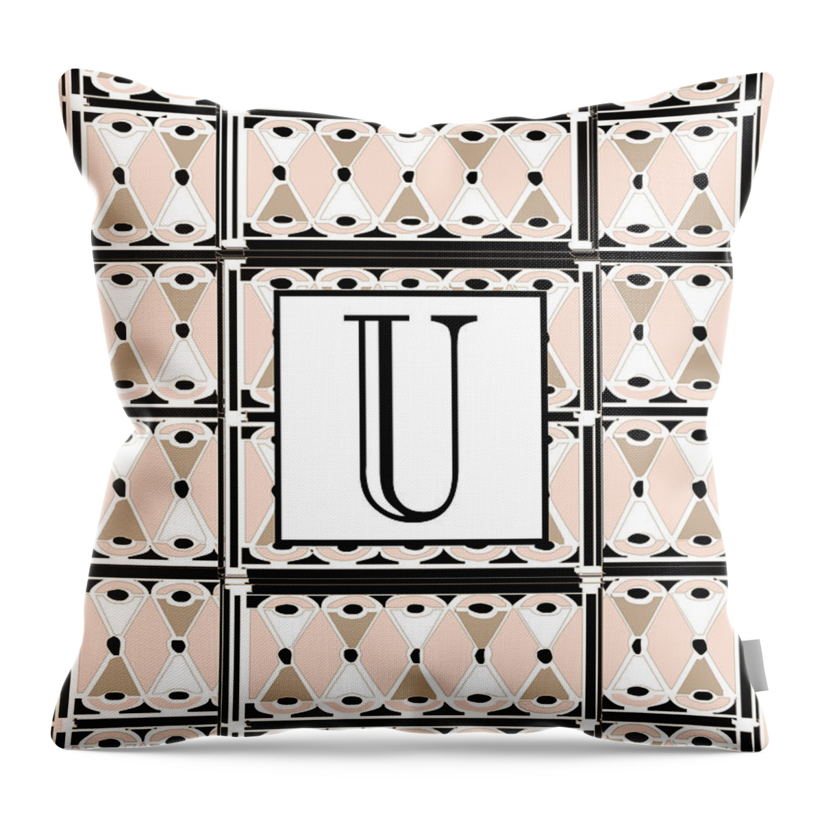 Art Deco Throw Pillow featuring the digital art 1920s Pink Champagne Deco Monogram U by Cecely Bloom