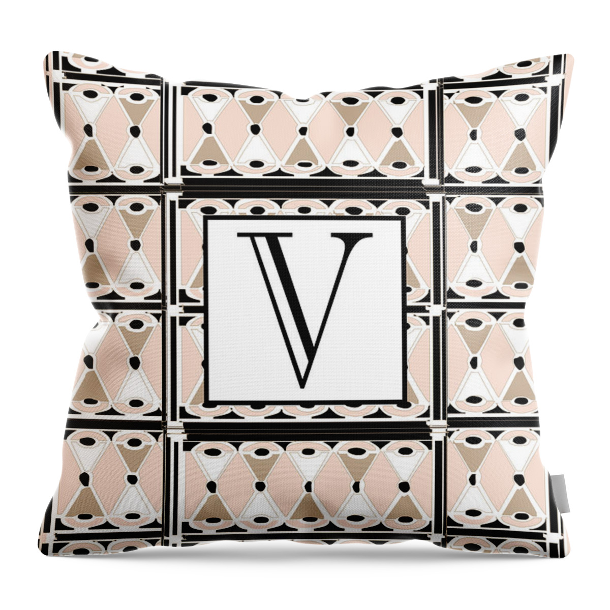 Art Deco Throw Pillow featuring the digital art 1920s Pink Champagne Deco Monogram V by Cecely Bloom