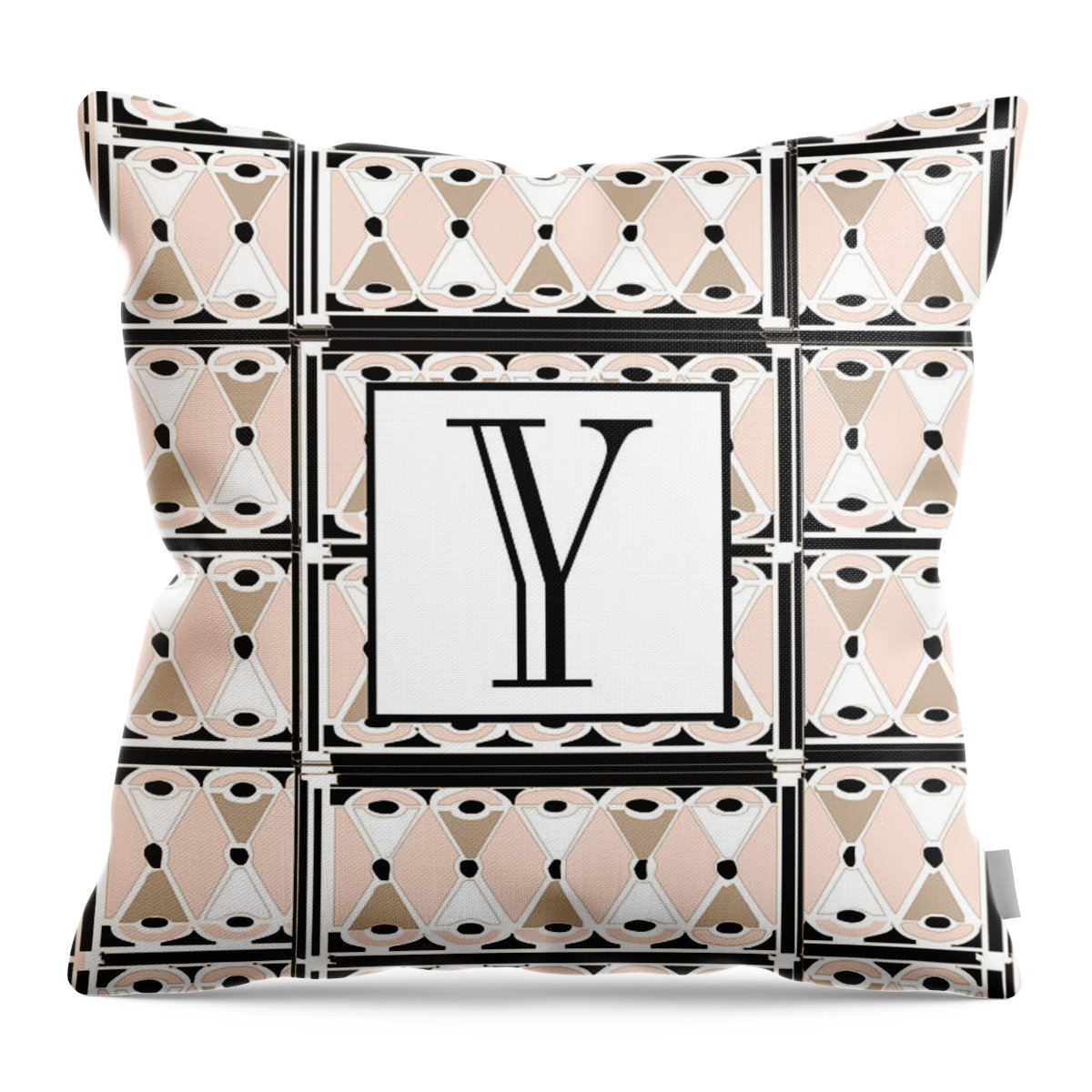 Art Deco Throw Pillow featuring the digital art 1920s Pink Champagne Deco Monogram Y by Cecely Bloom