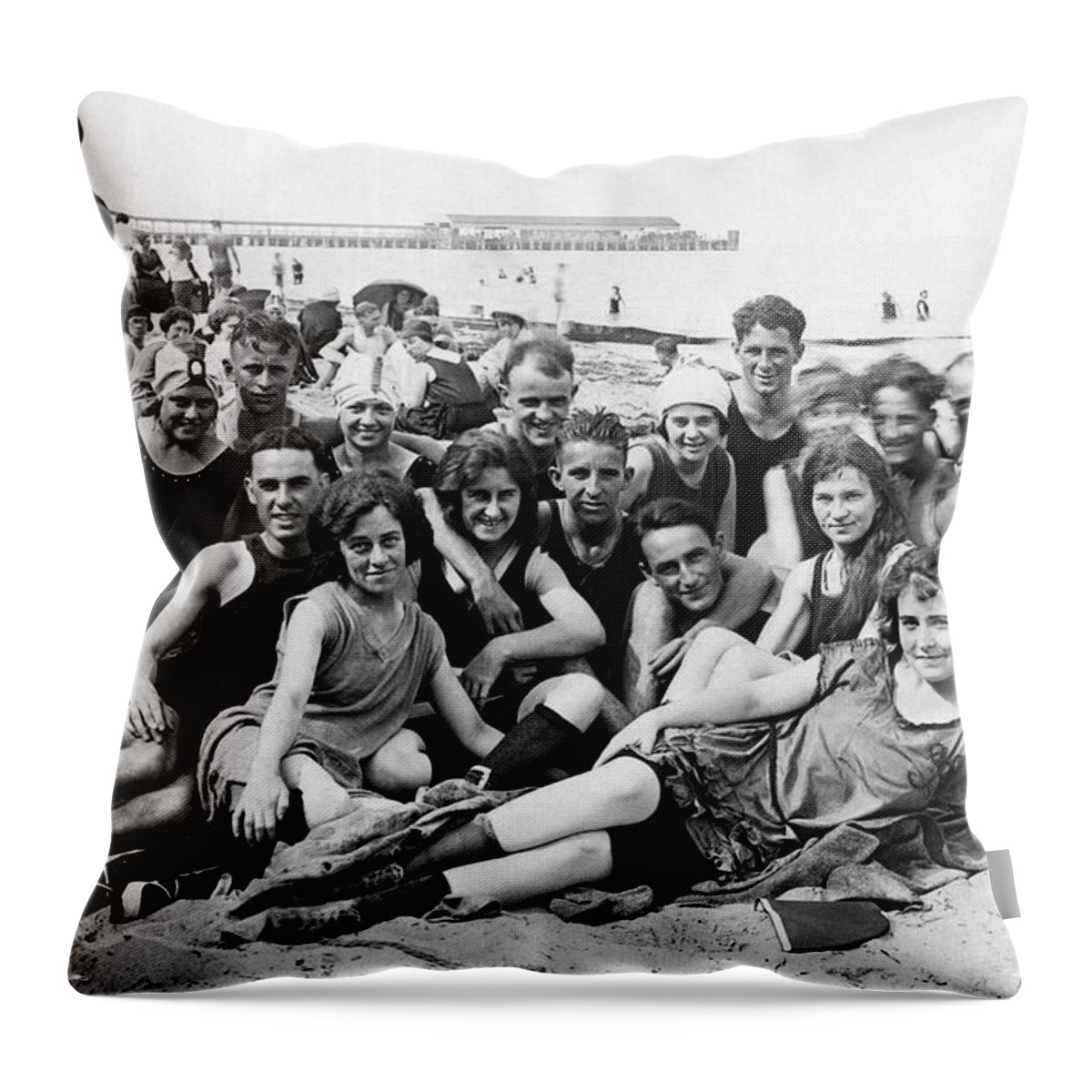 Vintage Throw Pillow featuring the photograph 1925 Beach Party by Historic Image