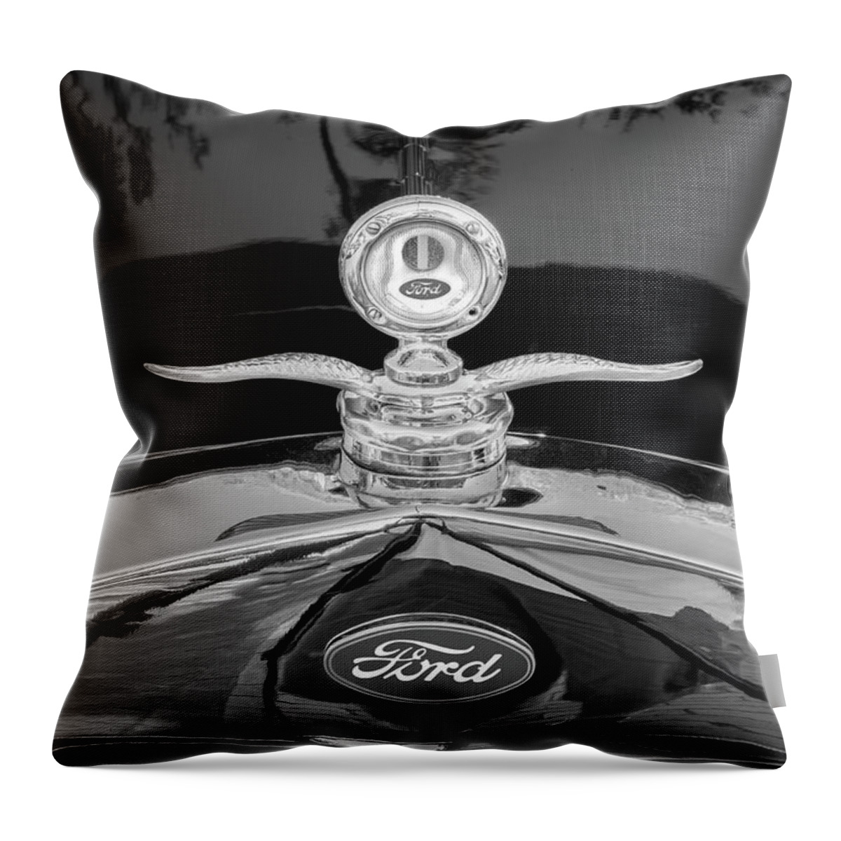 1929 Ford Model A Throw Pillow featuring the photograph 1929 Ford Model A Hood Ornament BW by Rich Franco