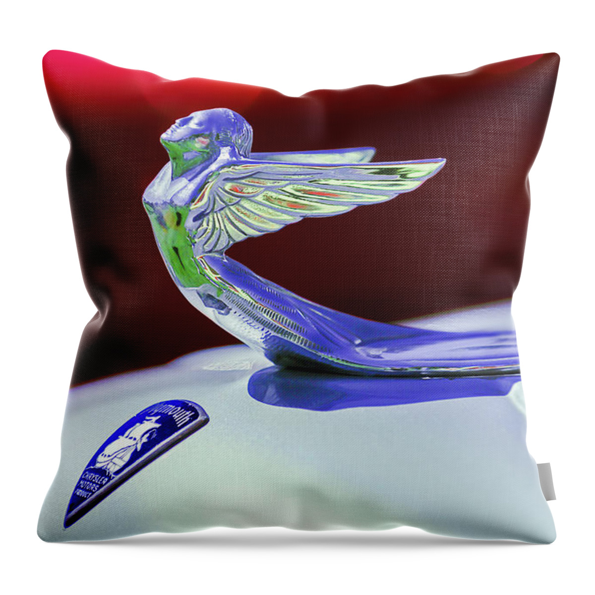 1933 Plymouth Hood Ornament Throw Pillow featuring the photograph 1933 Plymouth Hood Ornament -0121rc by Jill Reger