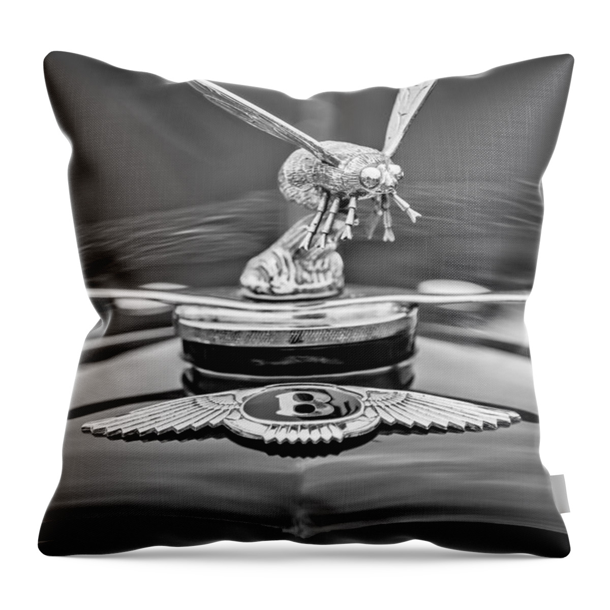 1934 Bentley 3.5-litre Drophead Coupe Hood Ornament Throw Pillow featuring the photograph 1934 Bentley 3.5-Litre Drophead Coupe Hood Ornament -1669bw by Jill Reger