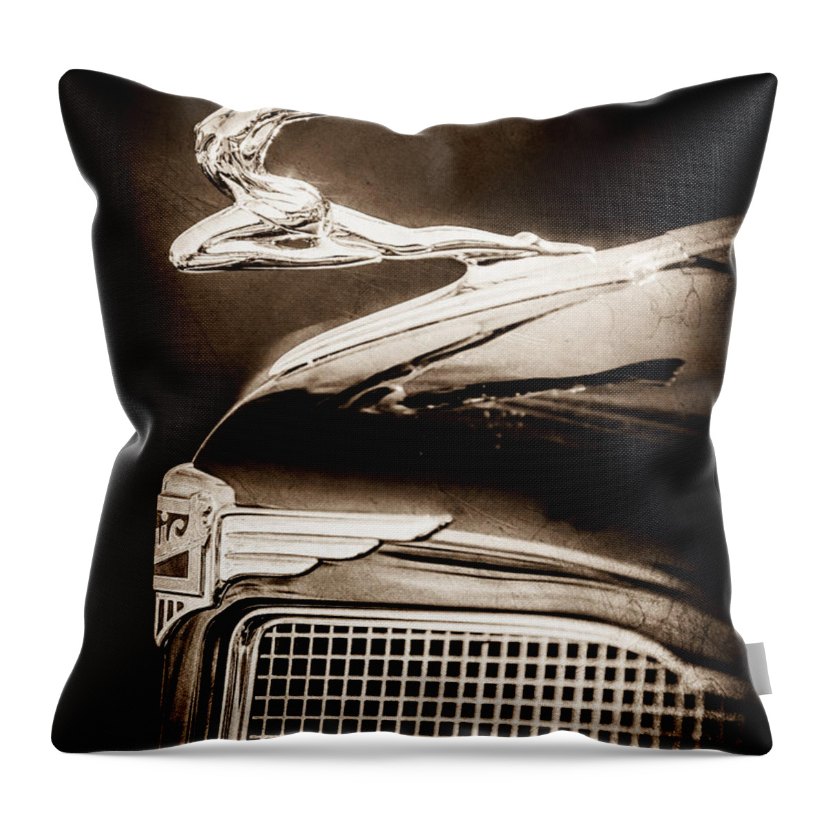 1934 Buick Series 96-c Convertible Coupe Hood Ornament Throw Pillow featuring the photograph 1934 Buick Series 96-C Convertible Coupe Hood Ornament - Emblem -0527s by Jill Reger