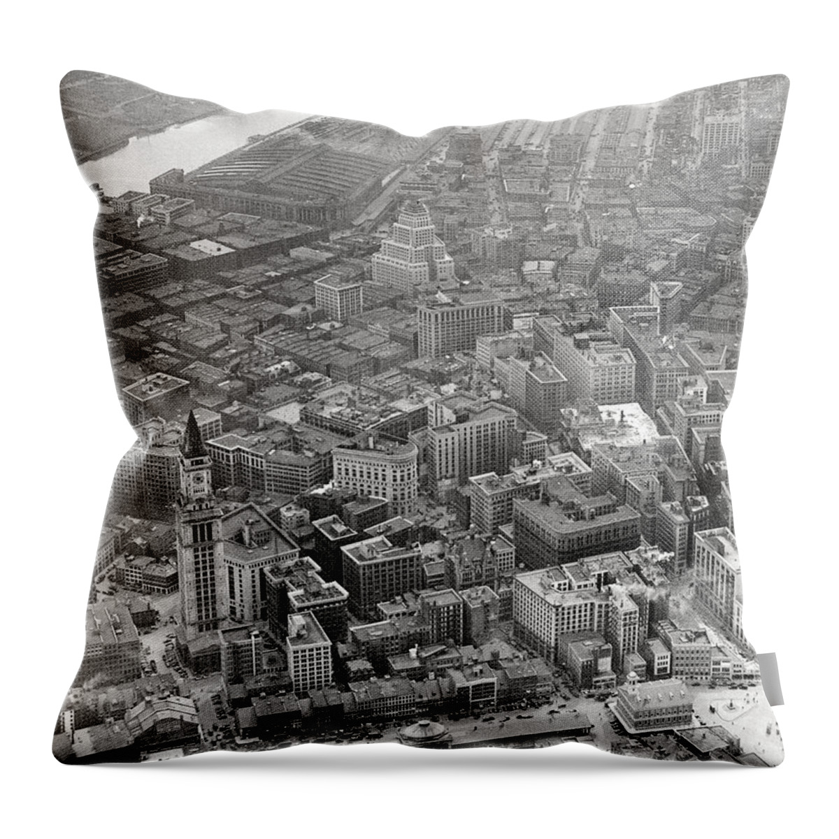 Vintage Throw Pillow featuring the photograph 1935 Aerial view of Downtown Boston by Historic Image