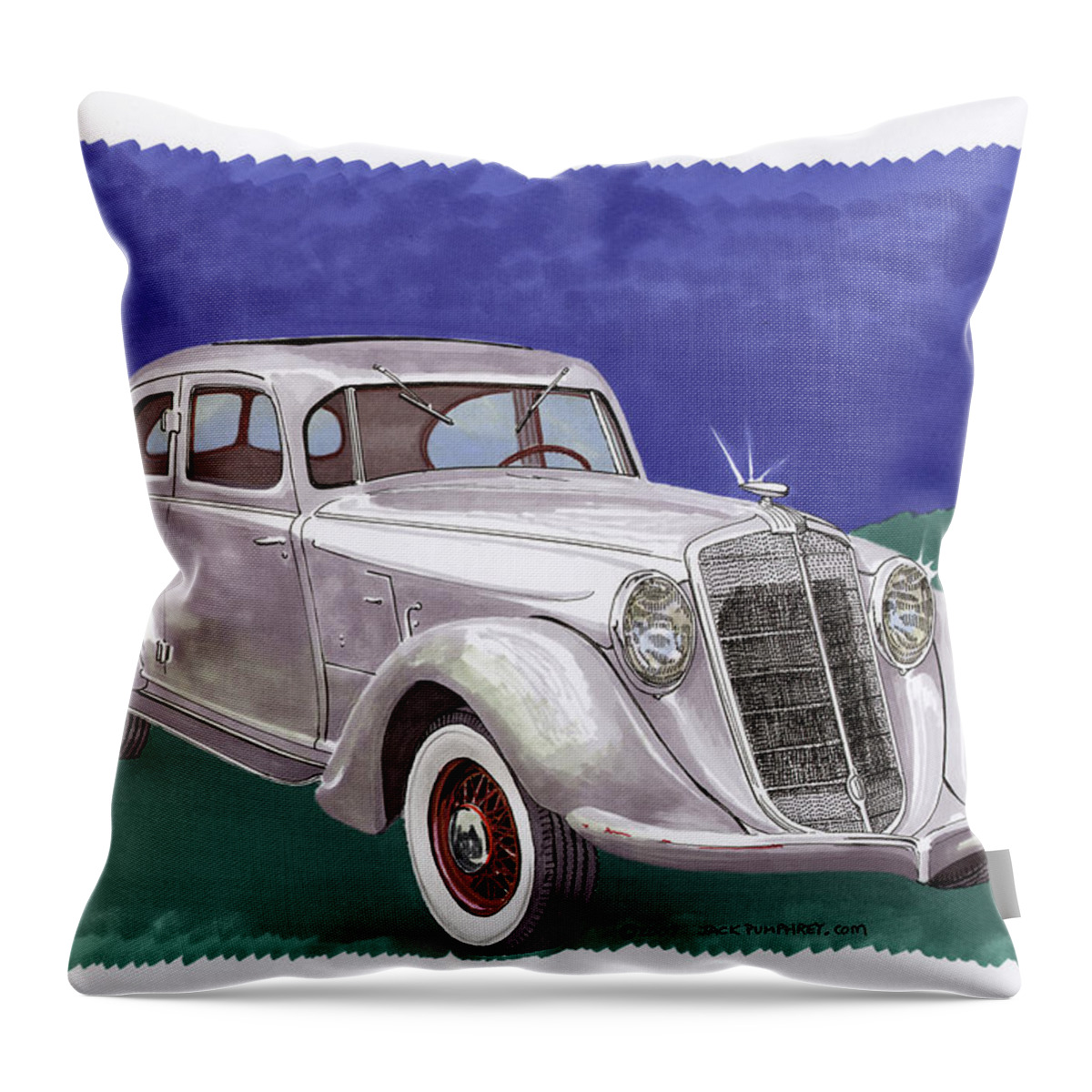 A Watercolor Portrait Of The 1935 Hupmobile Model 527 T Which Was An Automobile Built From 1909 Through 1940 By The Hupp Motor Company Throw Pillow featuring the painting 1935 Hupmobile Model 527 T by Jack Pumphrey
