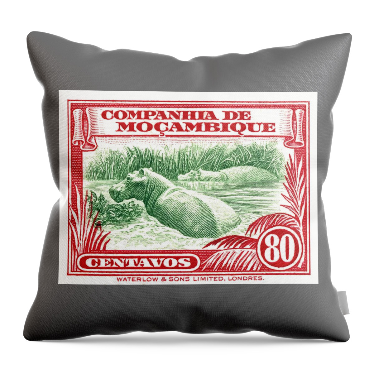 Mozambique Company Throw Pillow featuring the digital art 1937 Mozambique Hippopotamus Stamp by Retro Graphics