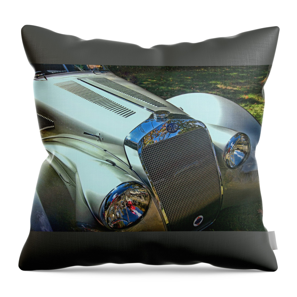 1938 Delage Aerodynamic Coupe Throw Pillow featuring the photograph 1938 Delage D8 - 120 Aerodynamic Coupe Front Grill by Allen Beatty