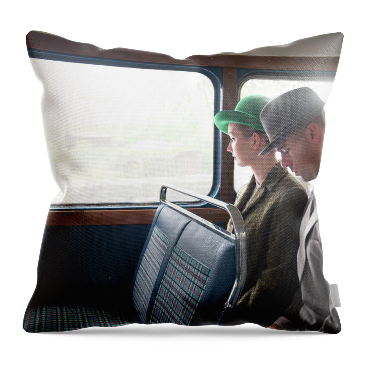 1940's Throw Pillow featuring the photograph 1940s Couple Sitting On A Vintage Bus by Lee Avison