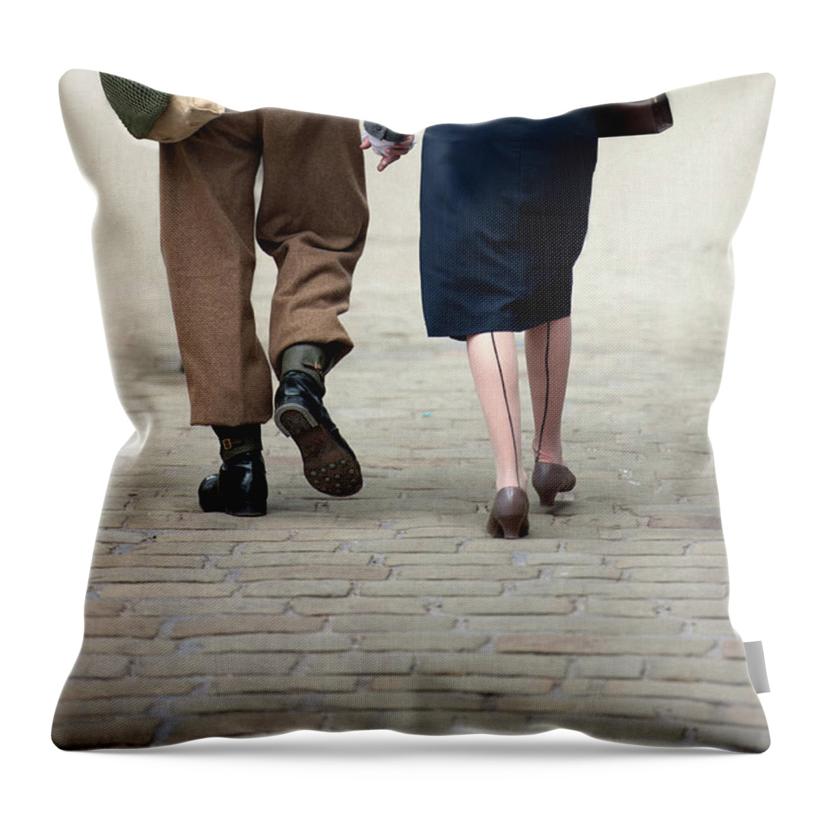 Woman Throw Pillow featuring the photograph 1940s Couple Soldier And Civilian Holding Hands by Lee Avison