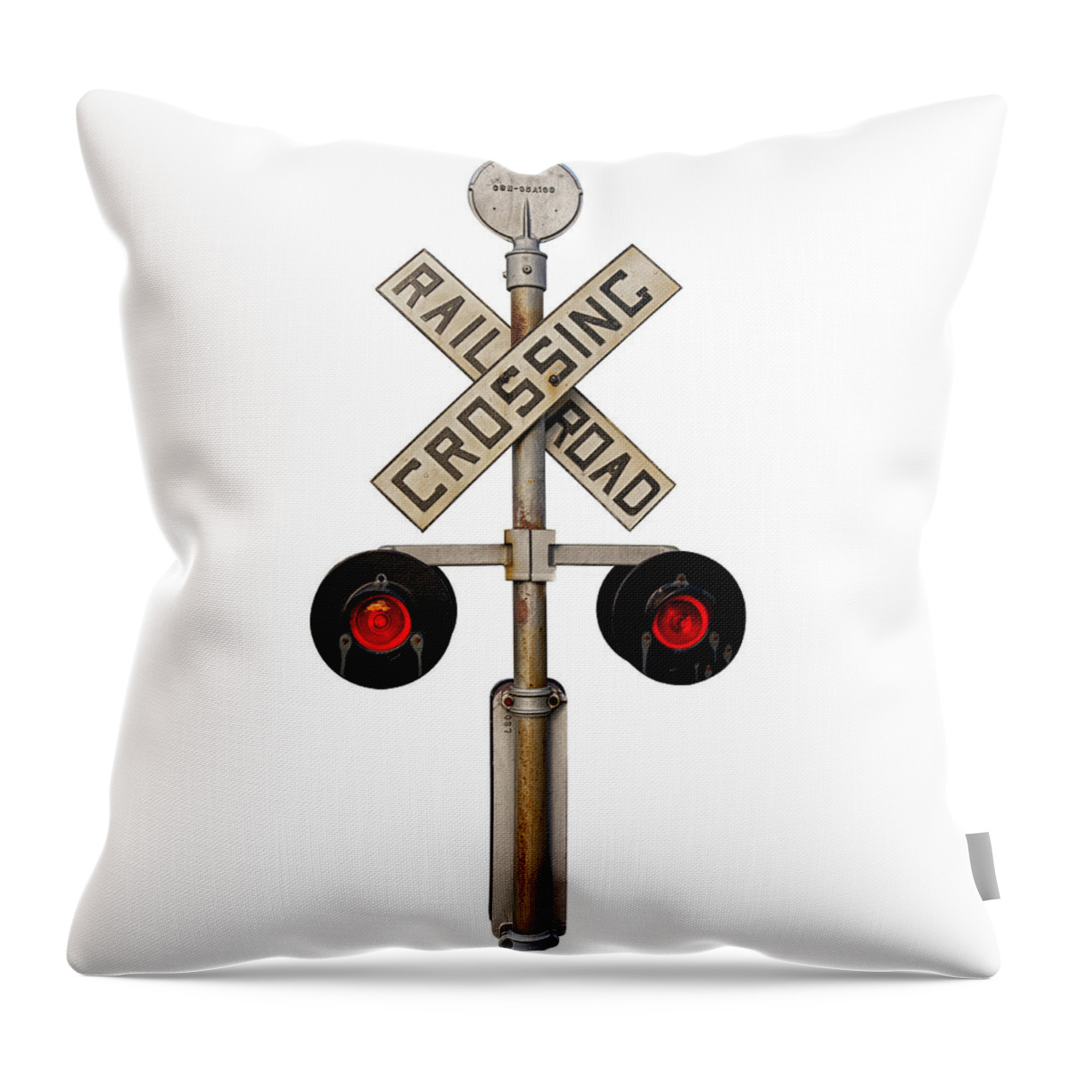 1950s Style Railroad Throw Pillow featuring the photograph 1940's Rail Road Crossing Signal Knockout by Gary Warnimont