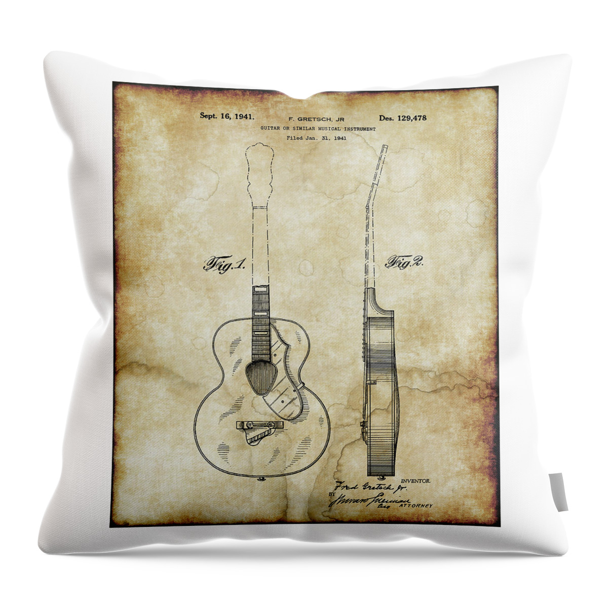Guitar Patent Throw Pillow featuring the digital art Gretsch Guitar Patent by Doc Braham