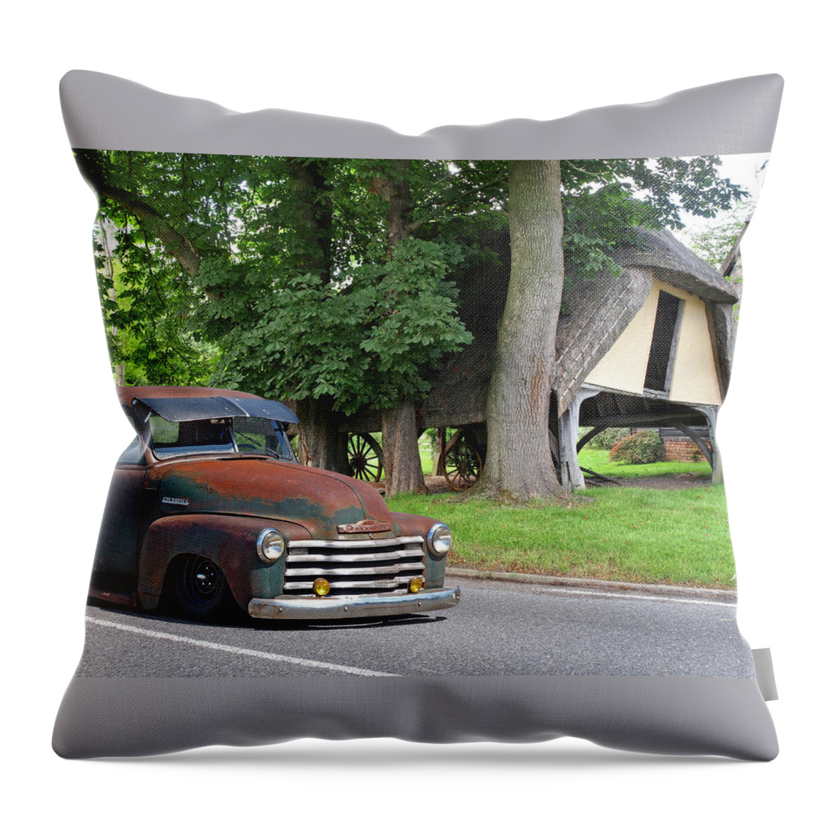 Chevrolet Truck Throw Pillow featuring the photograph 1950 Rusty Chevy Truck Outside Old Barn by Gill Billington