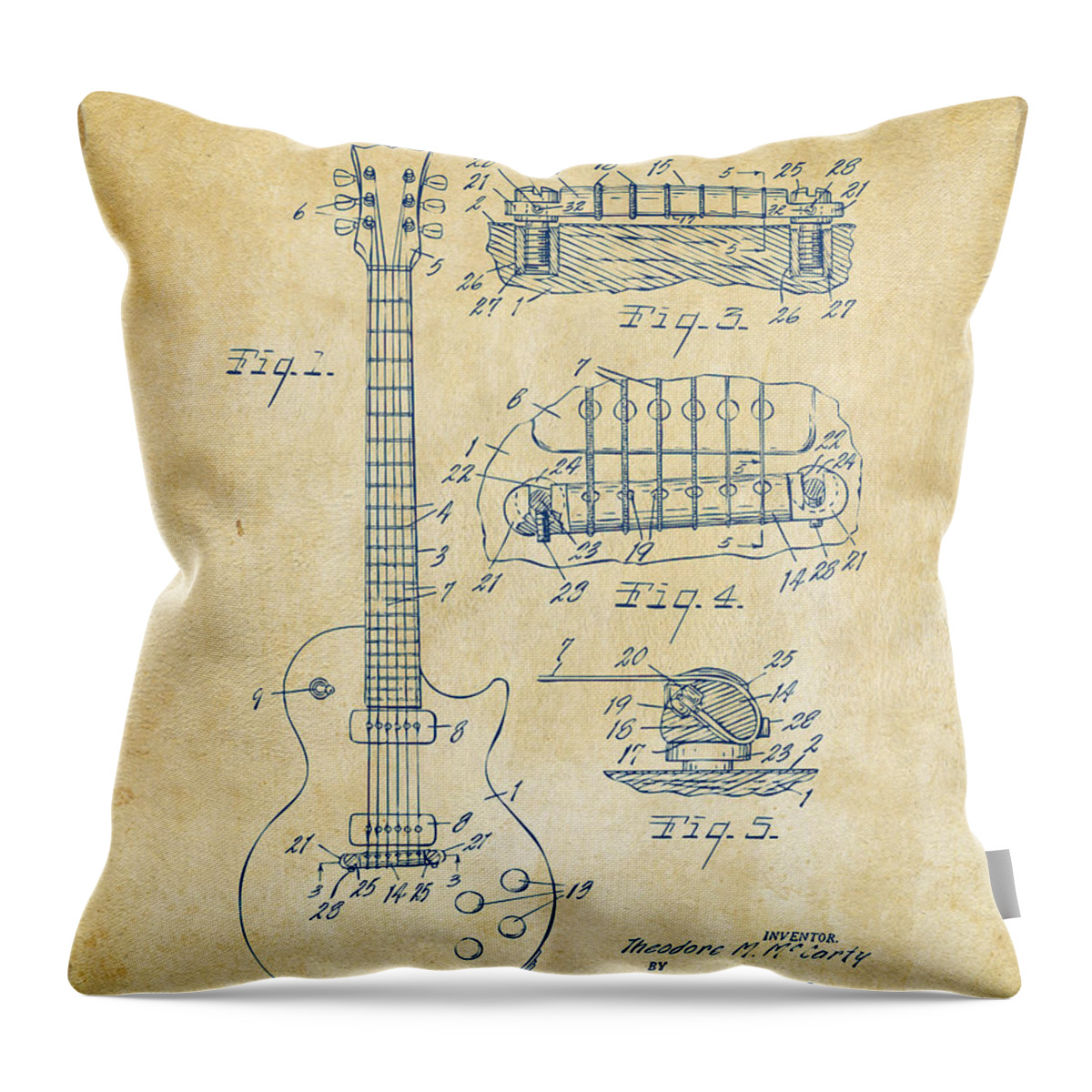 Guitar Throw Pillow featuring the drawing 1955 McCarty Gibson Les Paul Guitar Patent Artwork Vintage by Nikki Marie Smith