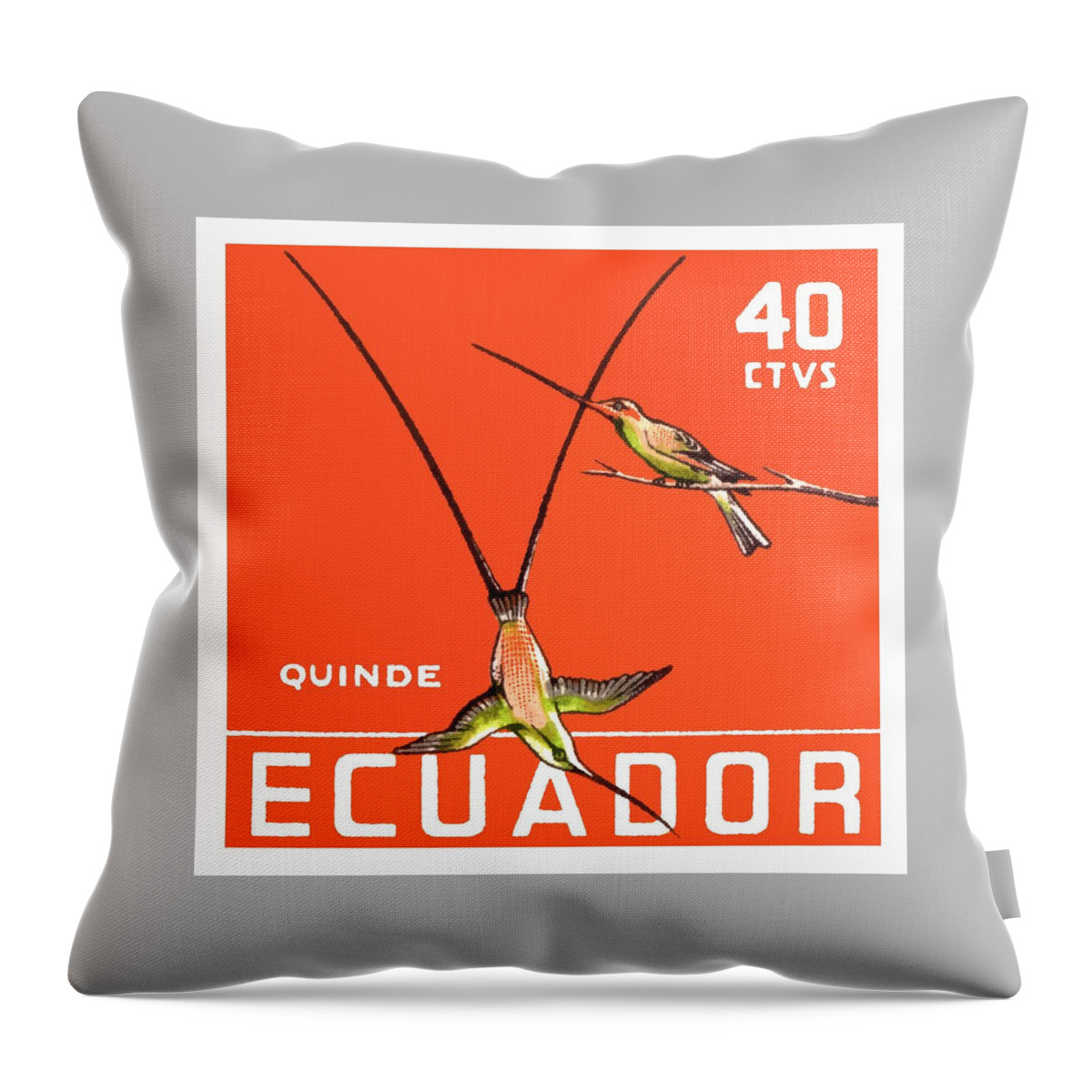 Ecuador Throw Pillow featuring the digital art 1958 Ecuador Hummingbirds Postage Stamp by Retro Graphics