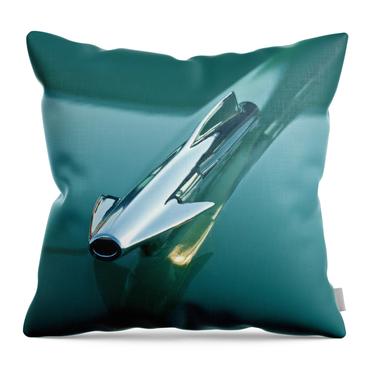 1958 Oldsmobile Throw Pillow featuring the photograph 1958 Oldsmobile 98 Hood Ornament by Jill Reger