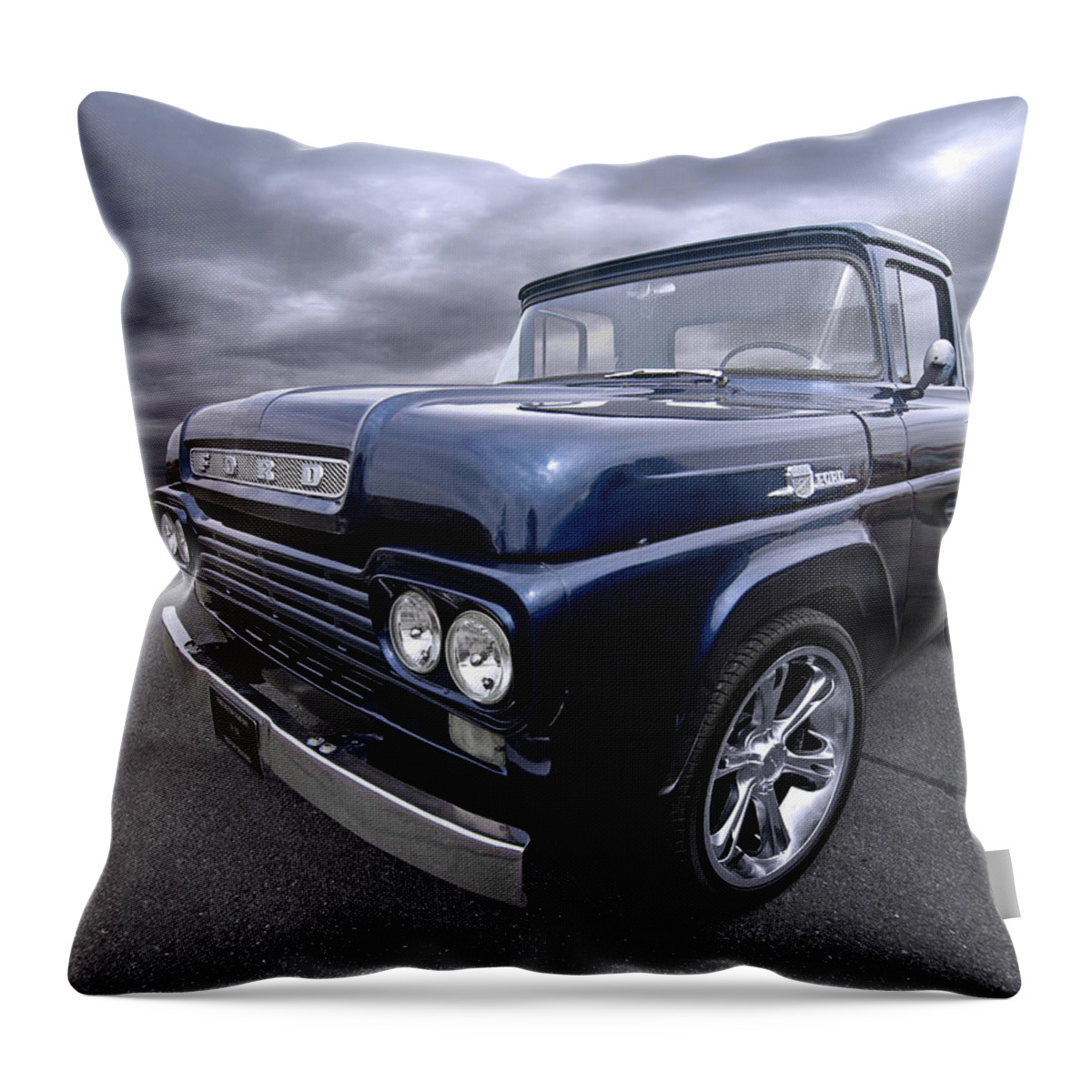 Ford F100 Throw Pillow featuring the photograph 1959 Ford F100 Dark Blue Pickup by Gill Billington