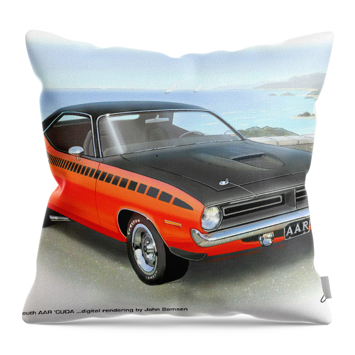  1970 Cuda Throw Pillow featuring the painting 1970 BARRACUDA AAR Cuda classic muscle car by John Samsen