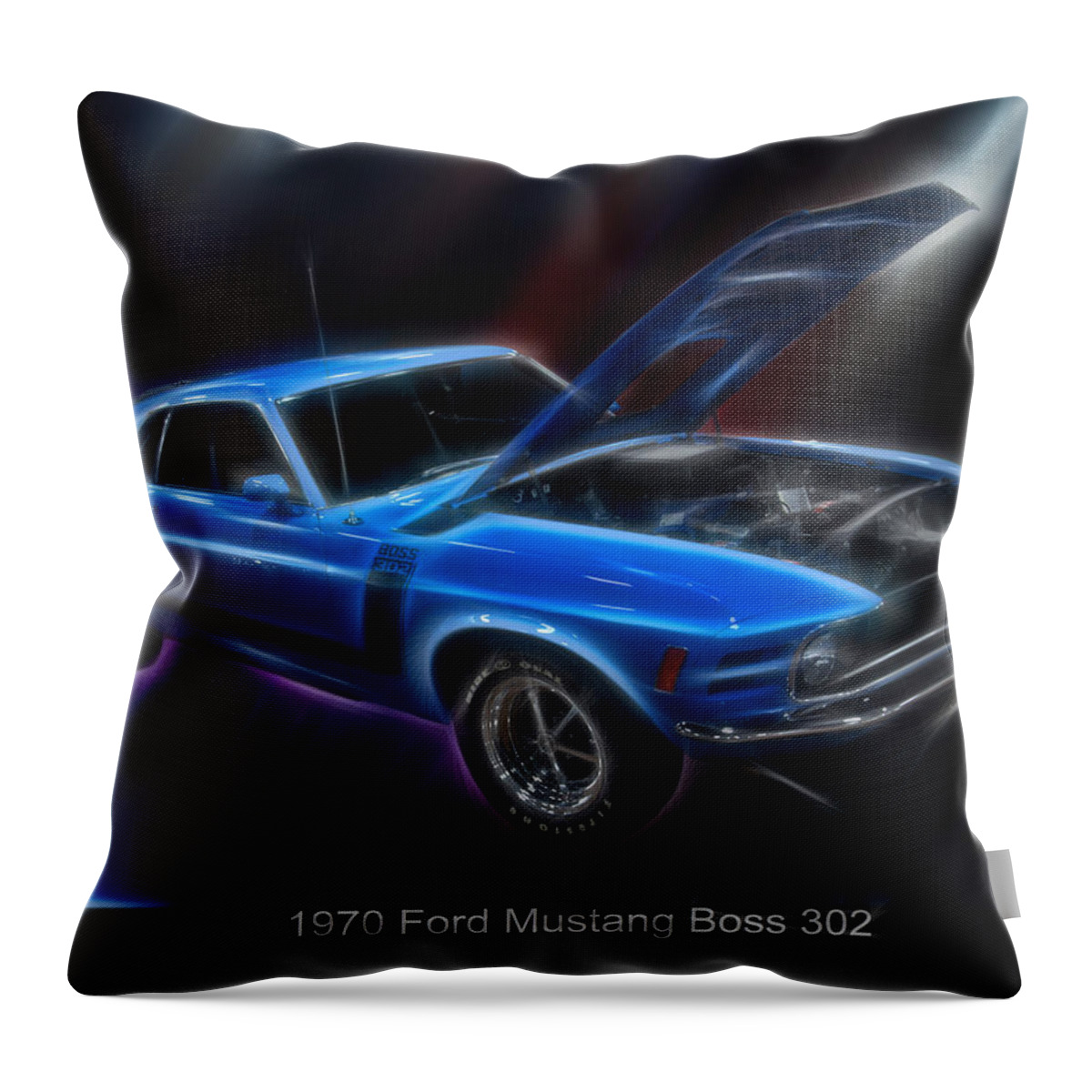 Electric Images Throw Pillow featuring the digital art 1970 Ford Mustang Boss 302 Electric by Flees Photos