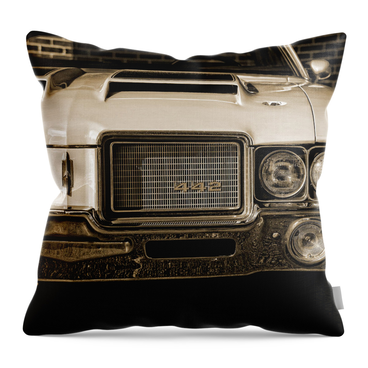 1972 Throw Pillow featuring the photograph 1972 Olds 442 - Sepia by Gordon Dean II