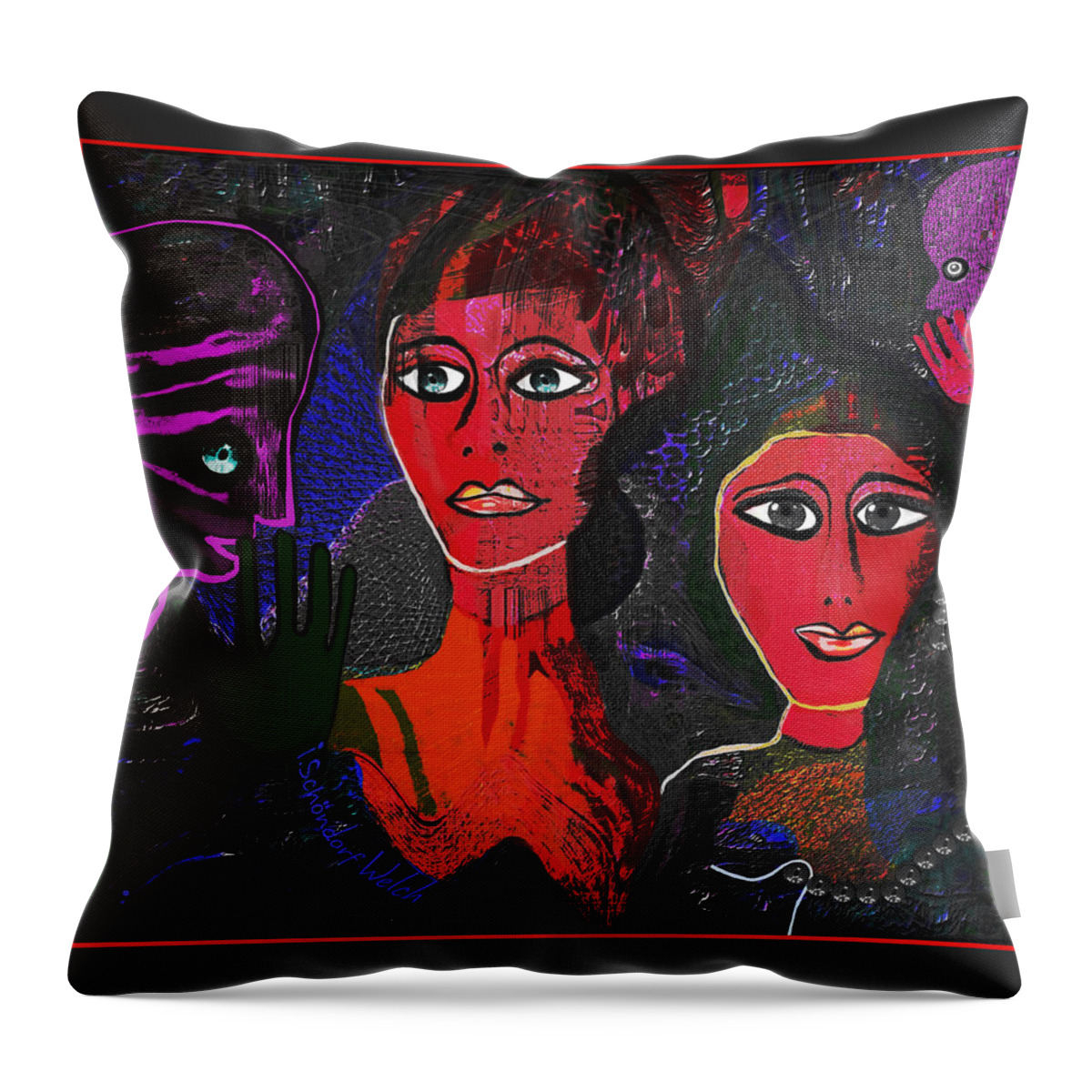 1977 - Faces Red Throw Pillow featuring the digital art 1977 - Faces Red by Irmgard Schoendorf Welch