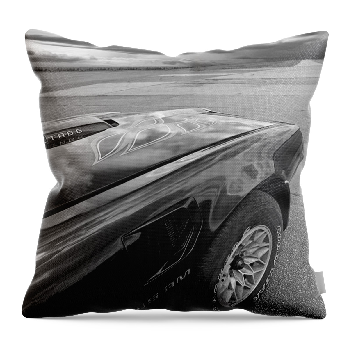 Pontiac Firebird Throw Pillow featuring the photograph 1978 Trans Am The Open Road In Black And White by Gill Billington