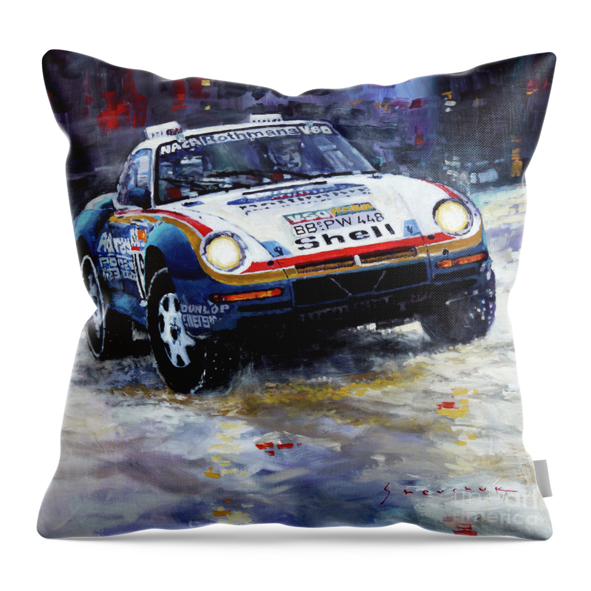 Shevchukart Throw Pillow featuring the painting 1986 Porsche 959/50 #185 2nd Dakar Rally Raid Ickx, Brasseur by Yuriy Shevchuk