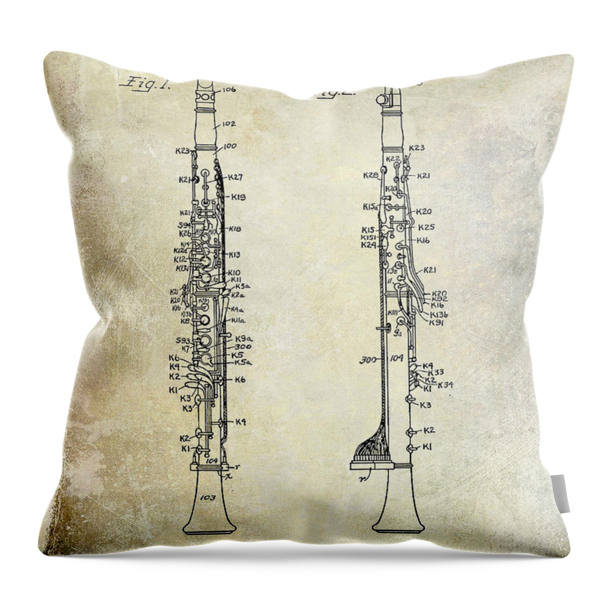 Clarinet Throw Pillow featuring the photograph 1942 Electric Clarinet Patent #3 by Jon Neidert