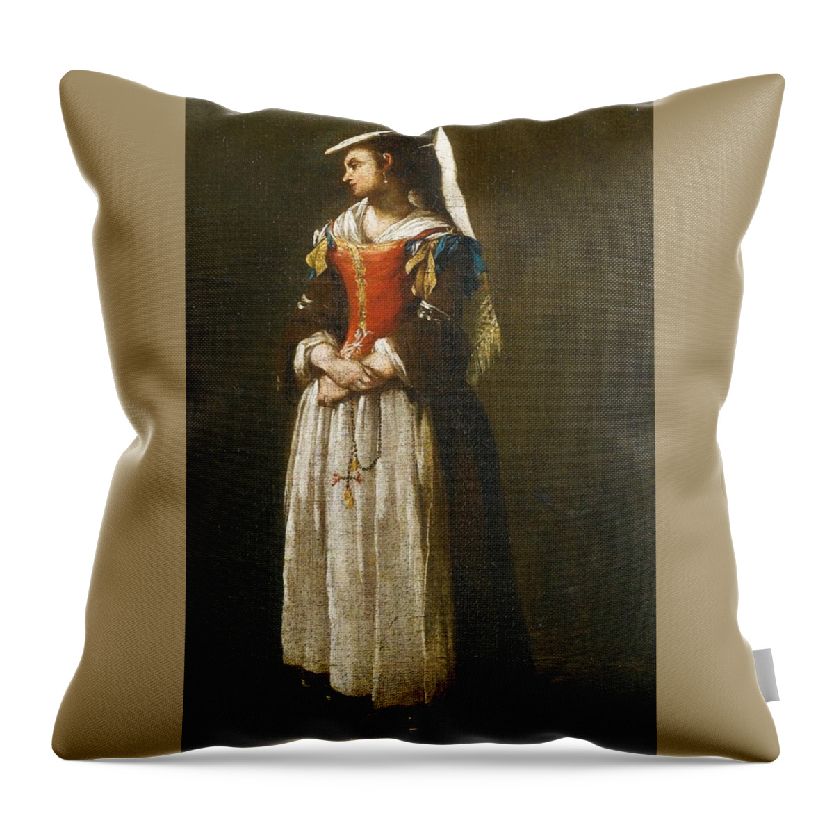A Young Woman Dressed In Neapolitan Fashion' By Jean Barbault Throw Pillow featuring the painting A Young Woman Dressed in Neapolitan Fashion #2 by MotionAge Designs