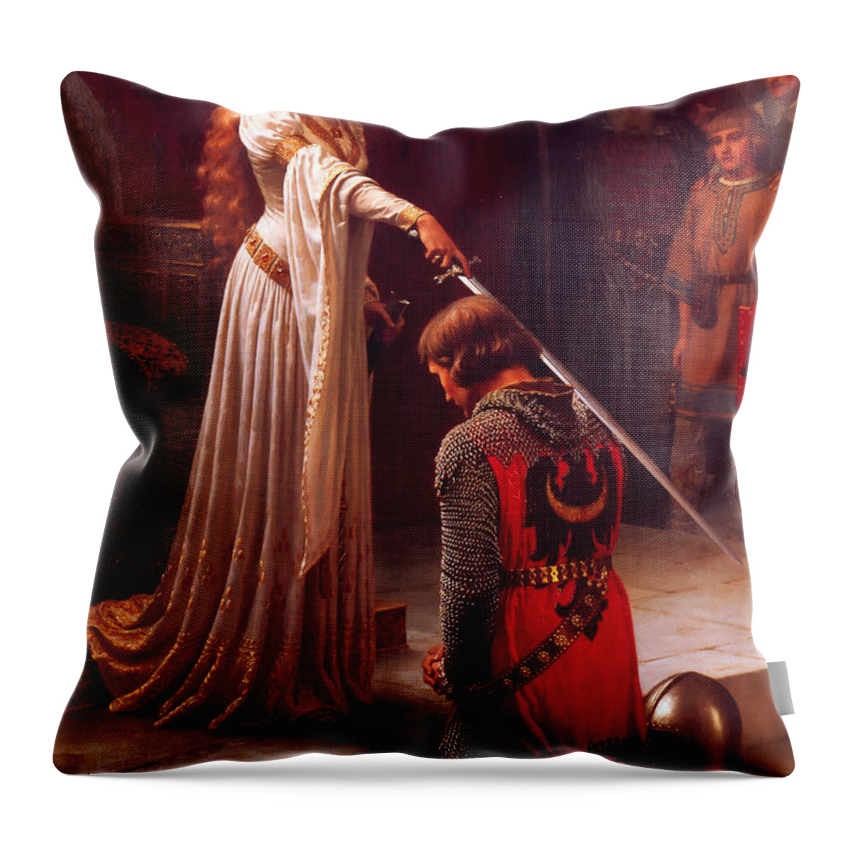 Edmund Blair Leighton Accolade Knighthood Middle Ages Medieval Royal Academy English Romanticism Pre-raphaelite Throw Pillow featuring the painting Accolade by Troy Caperton