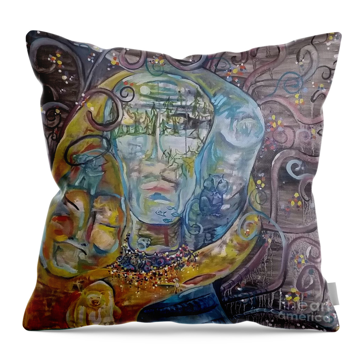Environment Throw Pillow featuring the painting 2 Angels hugging Environmental Warrior Goddess by Carol Rashawnna Williams