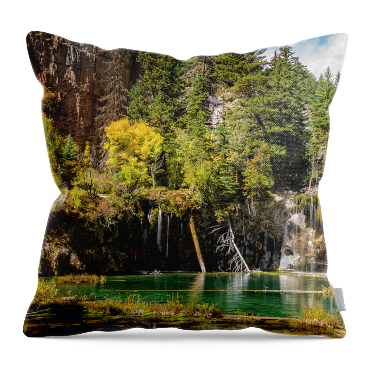 Autumn At Hanging Lake Waterfall Glenwood Canyon Colorado Throw Pillow featuring the photograph Autumn At Hanging Lake Waterfall - Glenwood Canyon Colorado #2 by Brian Harig