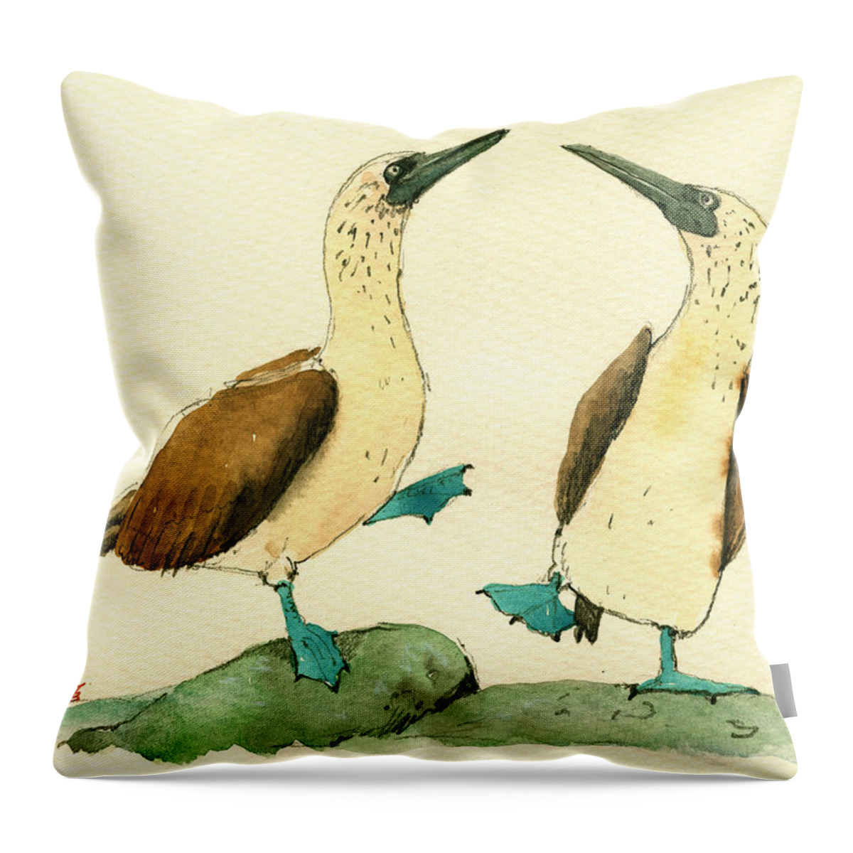 Blue Footed Boobies Throw Pillow featuring the painting Blue footed boobies #2 by Juan Bosco