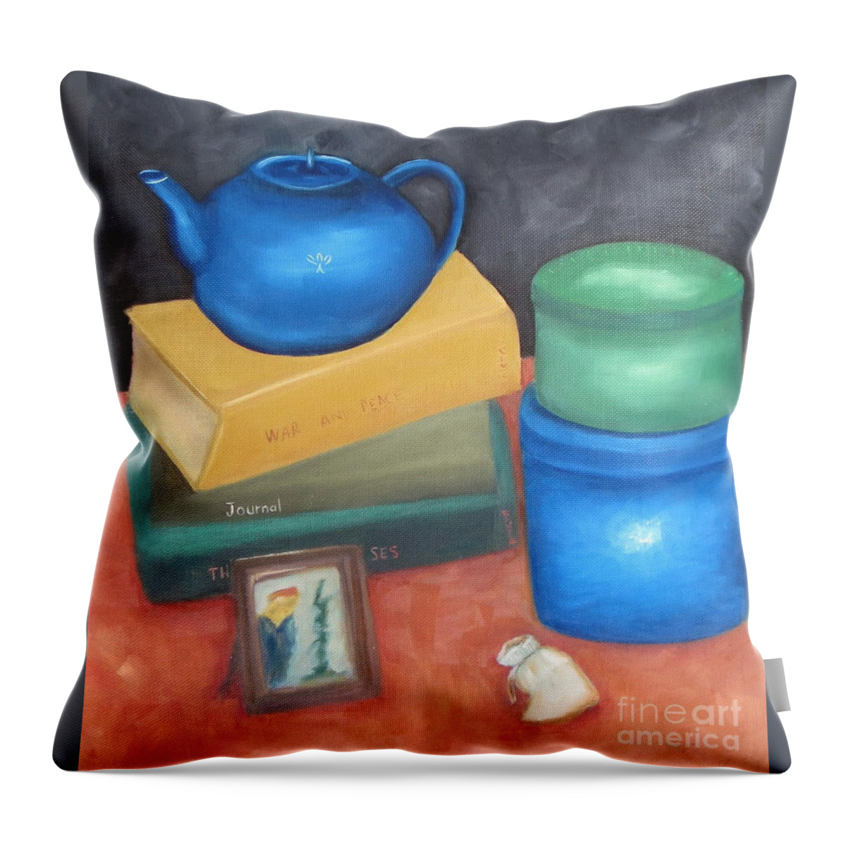 Still Life Throw Pillow featuring the painting Books and boxes #2 by Patricia Cleasby