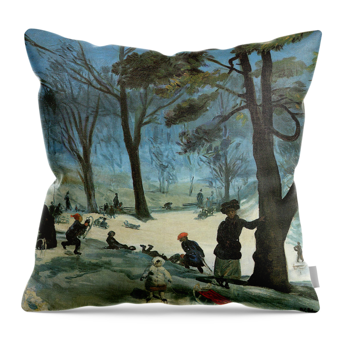 Central Park In Winter Throw Pillow featuring the painting Central Park in Winter #2 by William Glackens
