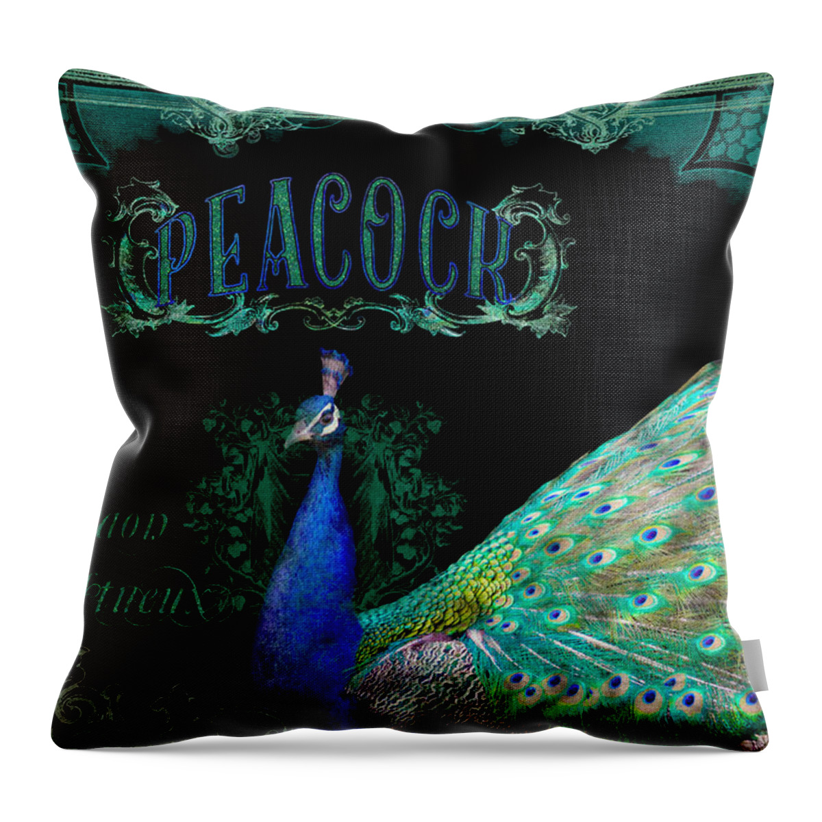 Regal Throw Pillow featuring the mixed media Elegant Peacock w Vintage Scrolls #1 by Audrey Jeanne Roberts