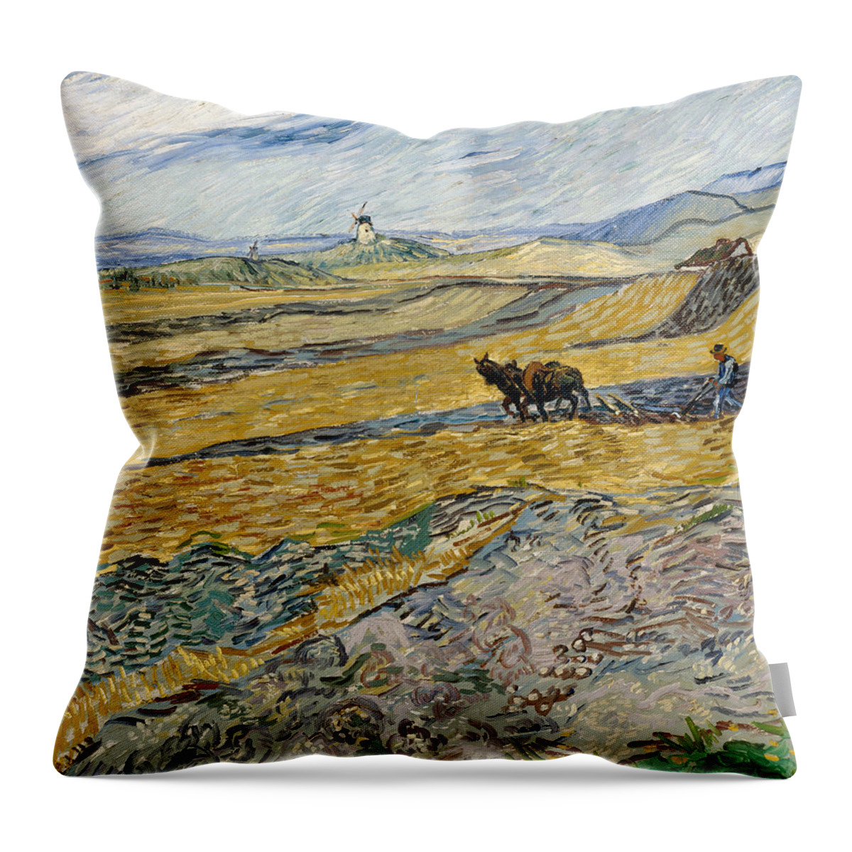 Vincent Van Gogh Throw Pillow featuring the painting Enclosed Field With Ploughman #2 by Vincent Van Gogh