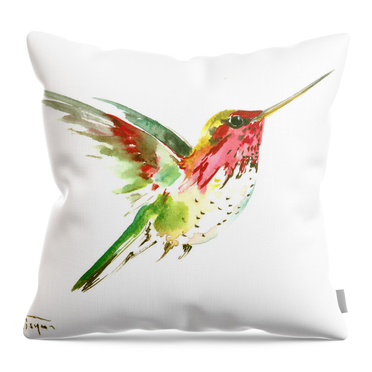 Hummingbird Throw Pillow featuring the painting Flying Hummingbird #2 by Suren Nersisyan
