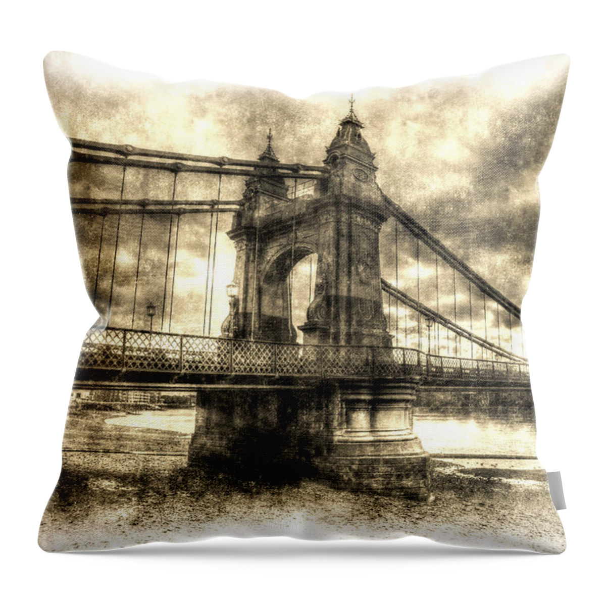 Bridge Throw Pillow featuring the photograph Hammersmith Bridge London Vintage #2 by David Pyatt