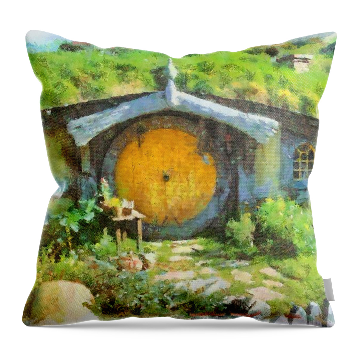 Fantasy Throw Pillow featuring the painting Homes of the Shire Folk #2 by Esoterica Art Agency