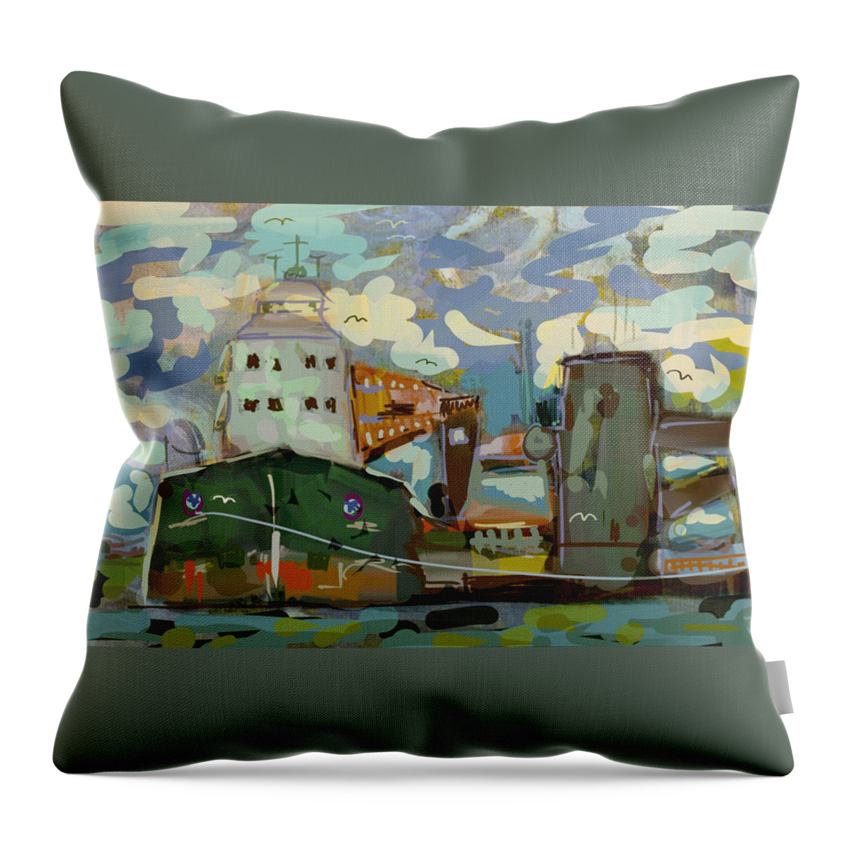 Shipping Throw Pillow featuring the digital art In Port #2 by Jim Vance
