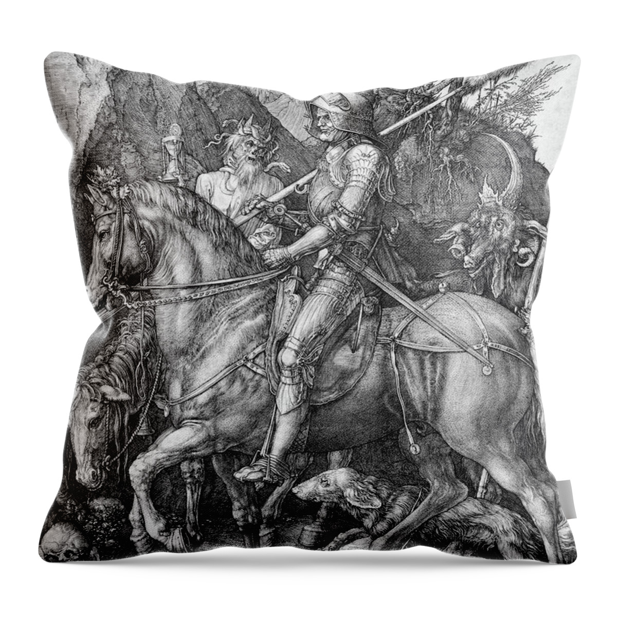 German Throw Pillow featuring the drawing Knight Death And The Devil by Troy Caperton